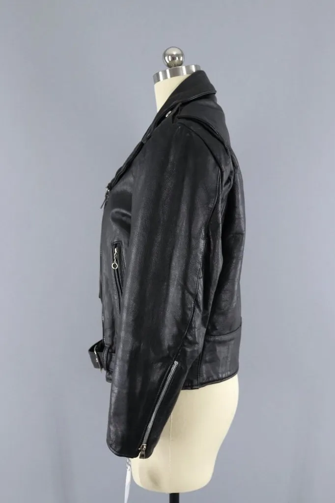 Vintage 1970s Excelled Black Leather Motorcycle Biker Jacket