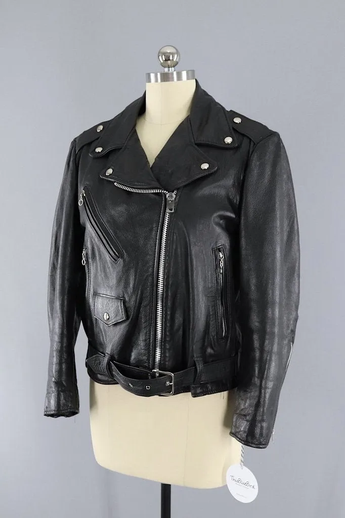 Vintage 1970s Excelled Black Leather Motorcycle Biker Jacket