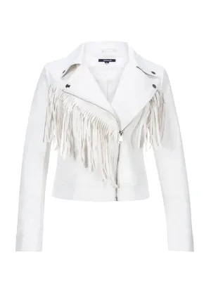 White Faux Leather Moto Jacket with Fringe