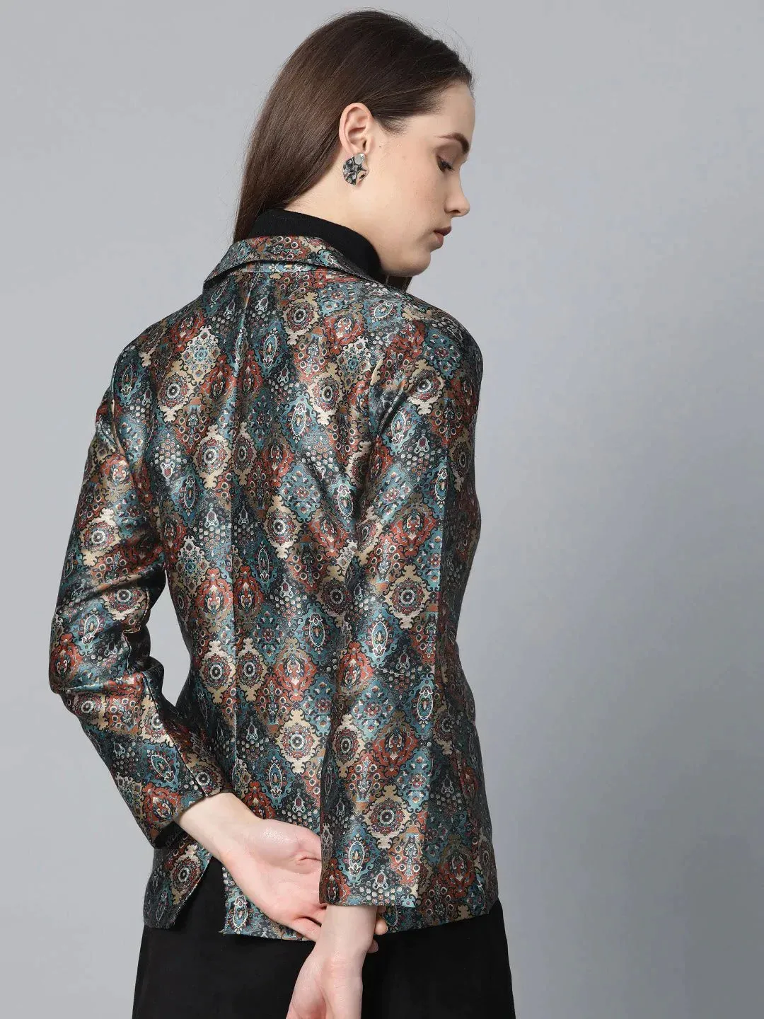 Women Blue & Maroon Satin Finish Printed Single-Breasted Blazer