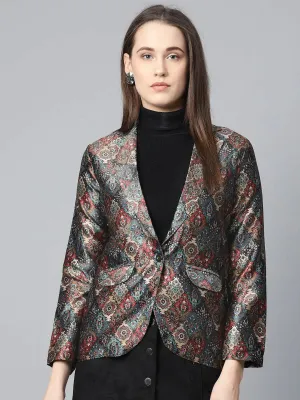 Women Blue & Maroon Satin Finish Printed Single-Breasted Blazer