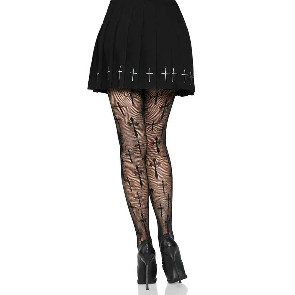 Worship Me Cross Net Tights - 1x/2x - Black