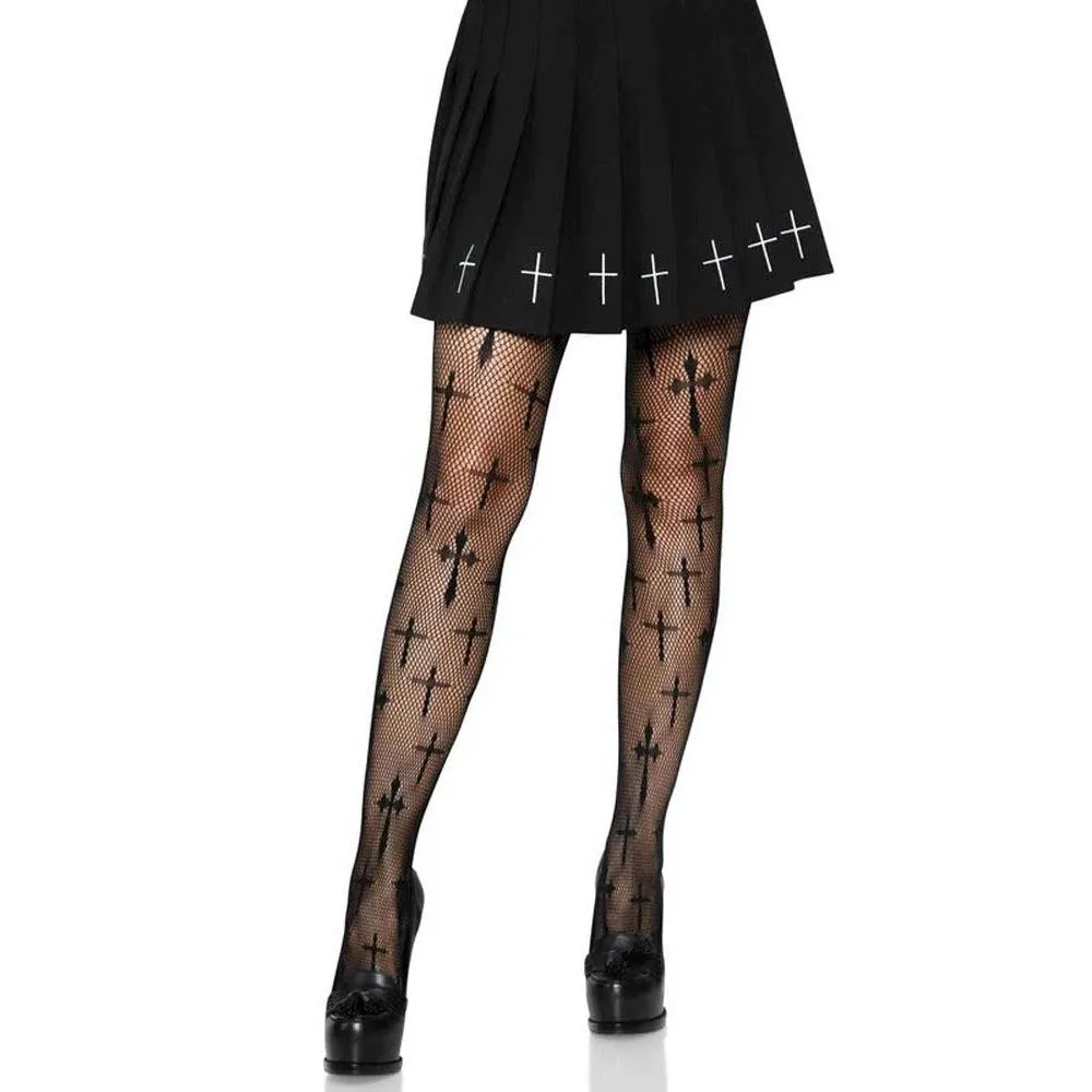 Worship Me Cross Net Tights - 1x/2x - Black